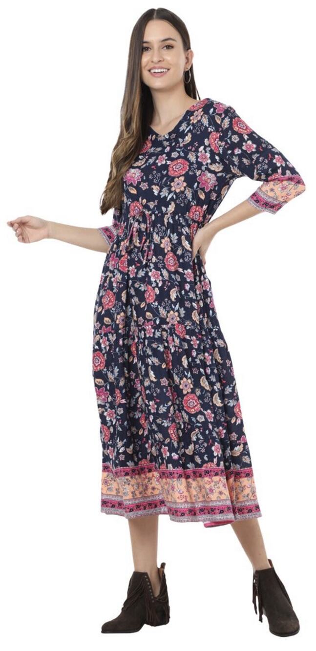 Myra Boho-Chic Size XL Dress Blue Pink Floral Tie-waist Midi V-neck “Elating”NEW
